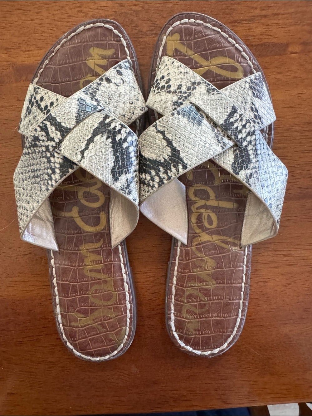 Sam Edelman Snake-Print Crossband Slide Sandals in snake print 7 1/2